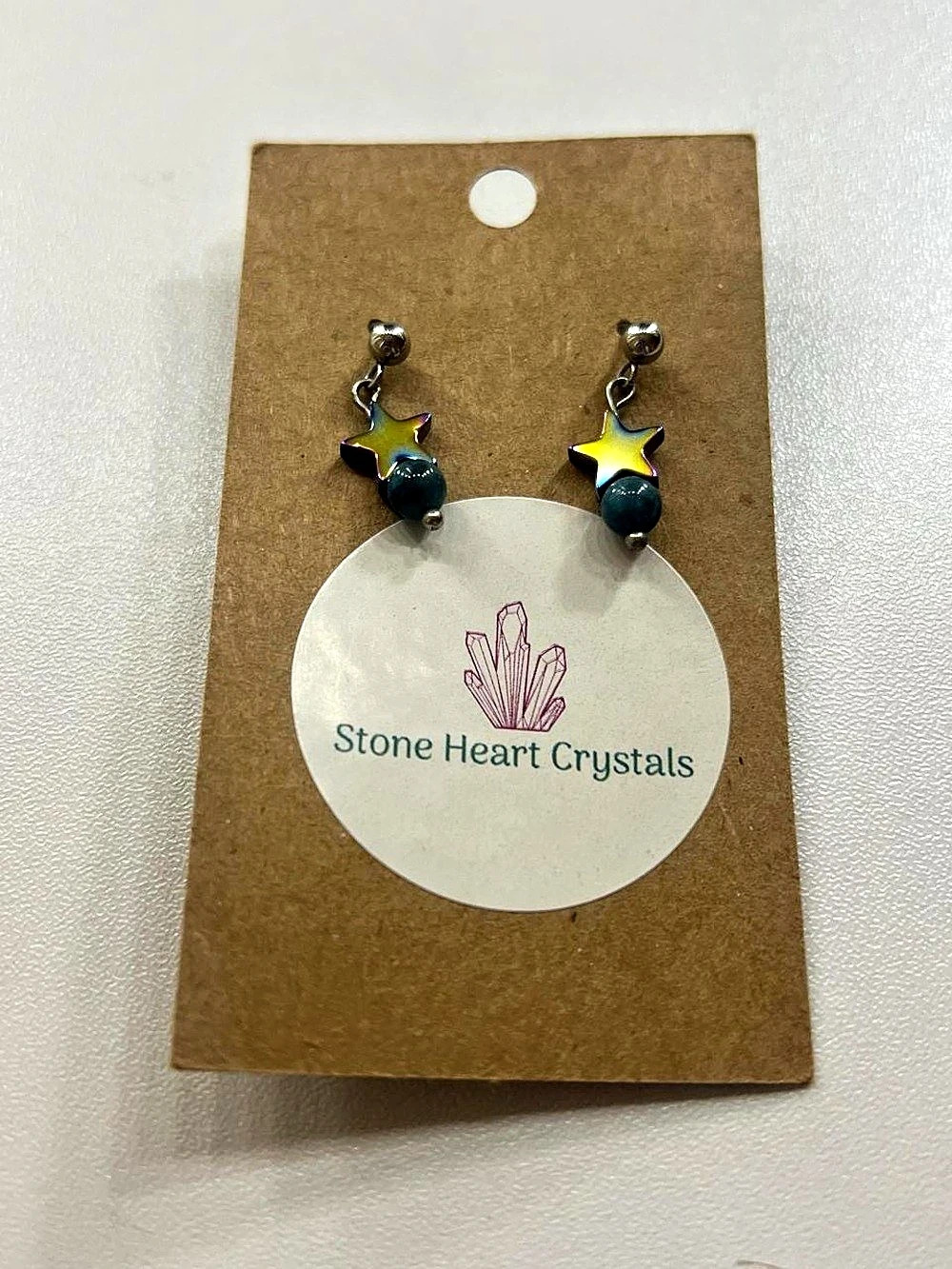 Stone Heart Crystals Star & Bead Drop Earrings in Black & Gold